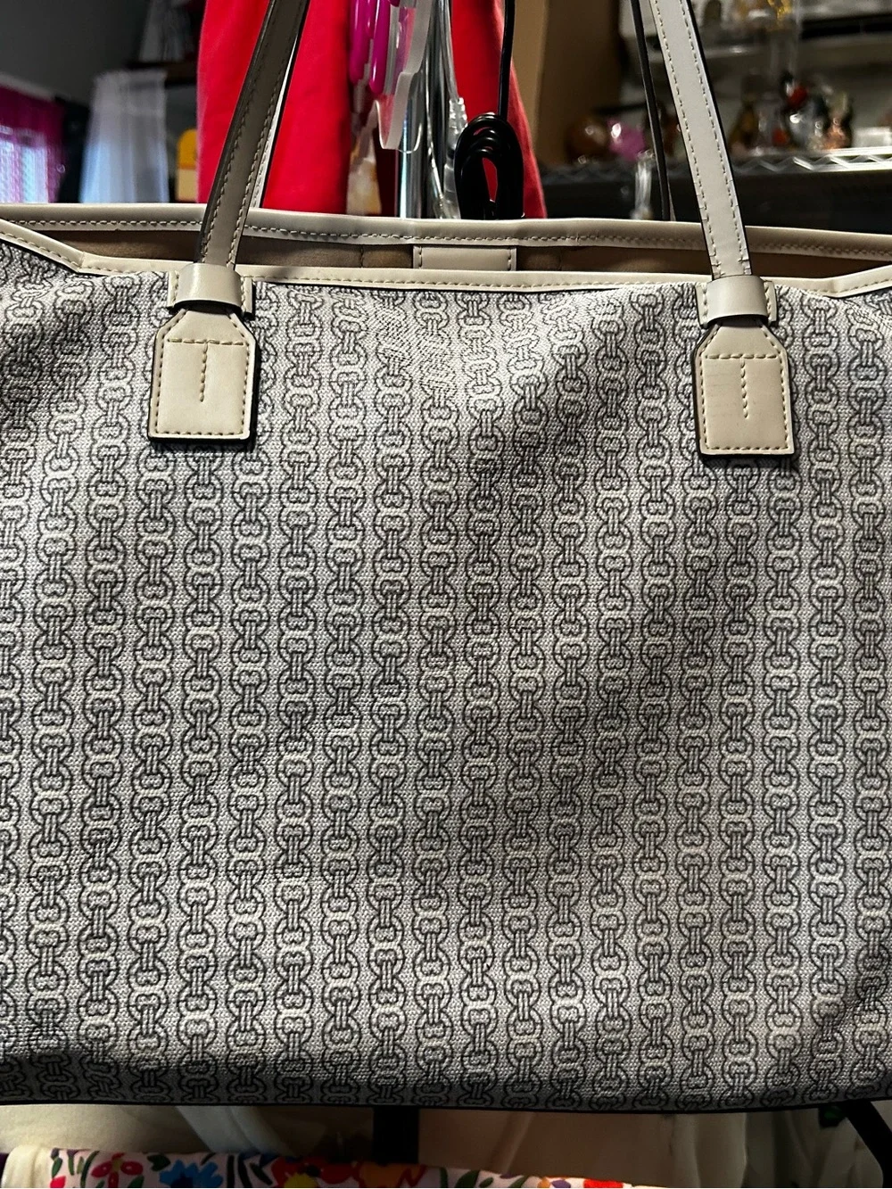 Tory Burch Cream and Light Blue Printed Canvas Stripe Tote